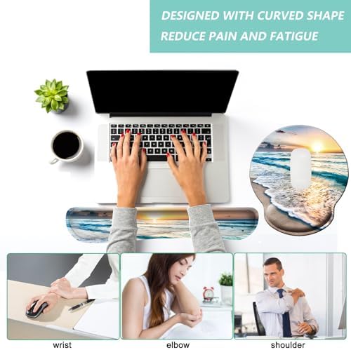 Keyboard Wrist Rest Pad Mouse Pad with Wrist Support Set of 3, Mousepad with Non-Slip Rubber Base, Ergonomic Memory Foam Mouse Wrist Cushion Support for Home Office Laptop Computer Gaming, Beach