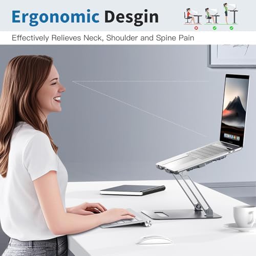 YICOSUN Adjustable Laptop Cooling Stand with 2 Quiet Fans & RGB Lighting, Aluminum Alloy & Foldable Ergonomic Design for MacBook, Lenovo, ASUS, Dell 10-16 Inch, Perfect for Gaming, DJ, Office - Gray
