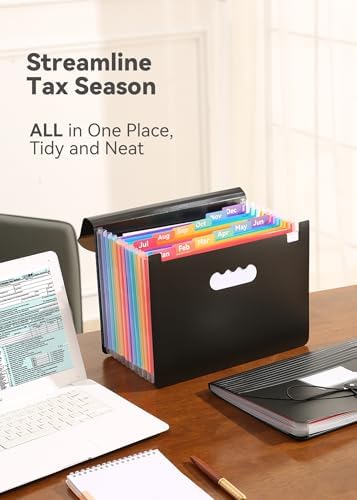 SortRax Monthly 12-Pocket Accordion File Organizer, Letter/A4 Size, Black