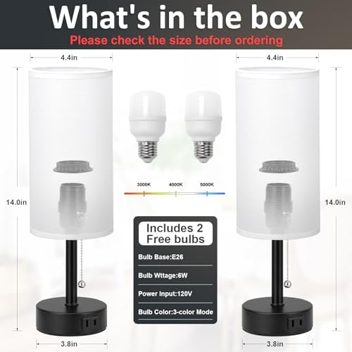 White Bedside Table Lamps Set of 2 - Bedroom Lamp for Desk, AC Outlet