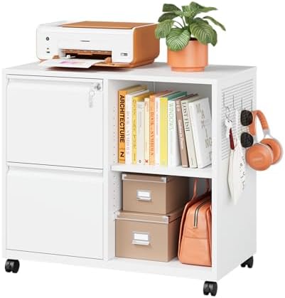 Metal 2 Drawer File Cabinet with Side Hook, Lockable Lateral Filing Cabinet for Letter/A4/Legal Size Files,Rolling Printer Stand with Adjustable Shelf & Lockable Wheelss for Home Office(White)