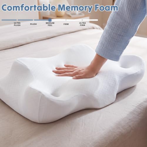 Sweetcrispy Cervical Neck Pillow for Neck Pain Relief, Ergonomic Contour Memory Foam Pillow for Side Back & Stomach Sleepers with Cooling Breathable Cover