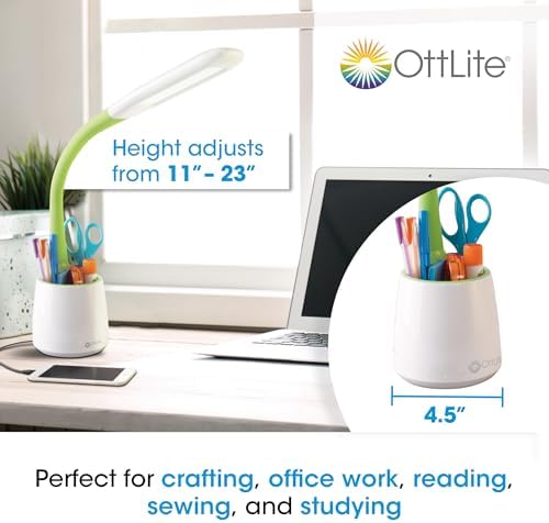 OttLite Organize LED Desk Lamp with USB Port, White and Green