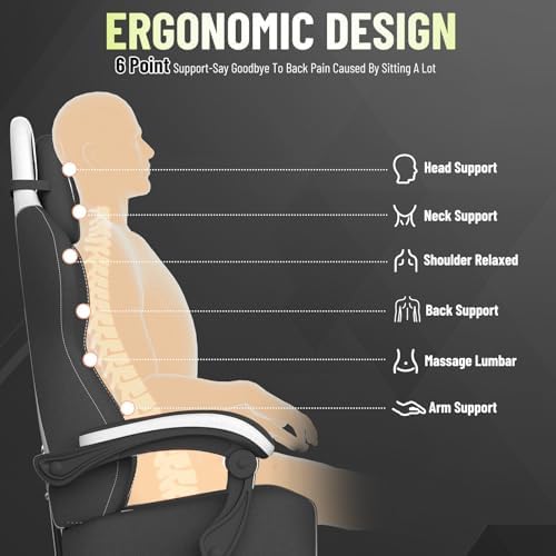 Ferghana Cotton Fabric Gaming Chair – Wider Seat Cushion, Diamond Double-Stitching, Ergonomic High Back with Footrest, Computer Gamer Chair Featuring Massage Lumbar Support for Adults (Black/White)