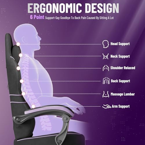Huracan Ergonomic Gaming Chair with Footrest for Adults, Massage Game Chair High Back, Racing Computer Chair Lumbar Support Extended Seat for Video Game Home Office, Black and Purple