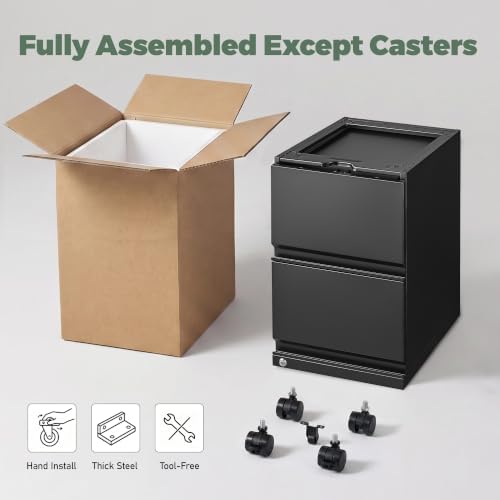Guizeeopo 2 Drawer Locking File Cabinet, Fully Assembled Heavy-Duty Metal Filing Cabinets for Home Office, Quiet Slides, Anti-Tipping Wheels, Fits A4/Letter/Legal, Matte Black