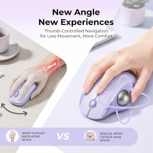 seenda Wireless Trackball Mouse, Ergonomic Bluetooth Mouse,Light Purple