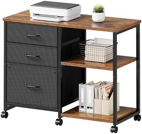 Maihail 3 Drawer File Cabinet with Wheels Rolling Printer Stand with Open Storage Shelf Fabric Lateral Filing Cabinet for Home Office,Rustic Brown