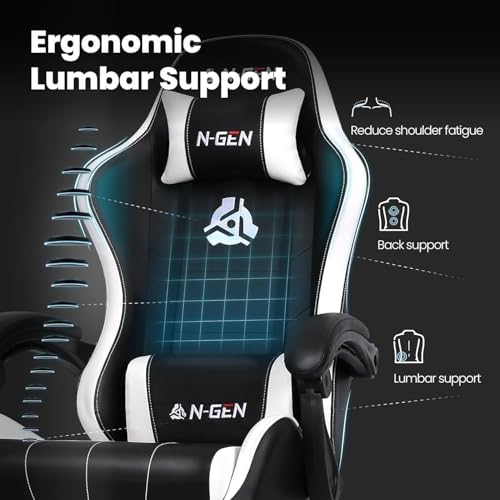N-GEN GAMING Gaming Chair, Footrest, Lumbar, High-Back, White Black