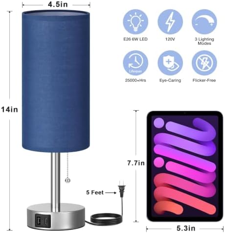 Blue Bedside Table Lamp for Bedroom - Small Nightstand Lamp for Girls