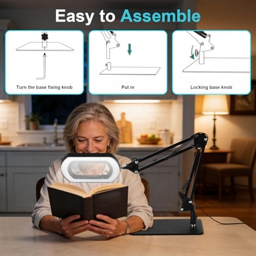 10X Magnifying Glass with Light and Stand,Real Glass Desk Lamp Magnifiers