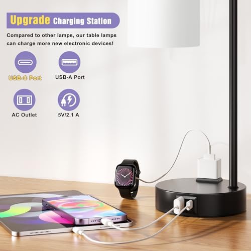 Industrial Touch Bedside Lamps for Bedrooms Set of 2 - 3-Way Dimmable Nightstand Lamps with USB C+A Ports and Outlet, Table Lamps with Opal Glass Shade for Living Room, Desk Lamps for Home Office