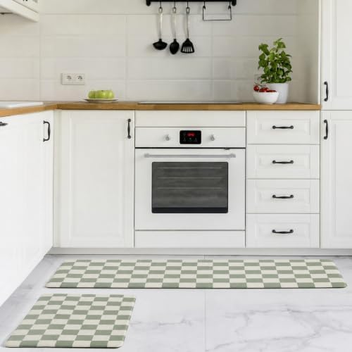 Ohocut Checkered Kitchen Mats for Floor Set of 2, 2 Pcs Sage Green Cushioned Non Slip Runner Rugs for Kitchen/Sink/Laundry, Comfort Aesthetic Cute Anti-Fatigue Foam Floor Mat 17.3"x29.5"+17.3"x47.2"