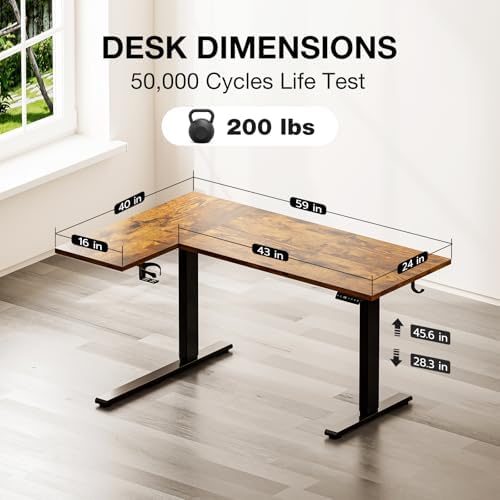 Muvai 59" L Shaped Standing Desk with Cable Tray, Reversible, Rustic Brown