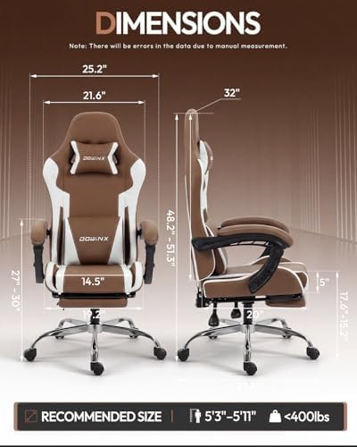Dowinx Ergonomic Gaming Chair with Footrest & Massage Lumbar, 2D-Linkage Armrests for Computer Chair 330lbs with Headrest Pillow for Office, Home, Streaming and Long Gaming Sessions, Fabric Brown