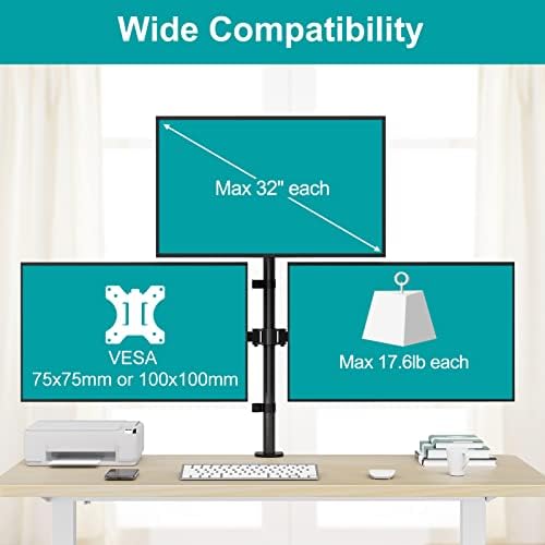 MOUNT PRO Triple Monitor Mount, Monitor Desk Mount for 3 Screens up to 32 inch, 17.6 lbs Each, Fully Adjustable Stacked Computer Stand, Table VESA Mounting, C clamp/Grommet Base