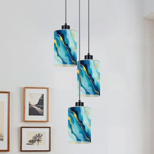3 Pack Cylinder Glass Lamp Shade Cyan blue liquid watercolor golden stains Teal turquoise marble Covers with 1-5/8" Fitter Opening Light Fixture Replacement for Table Lamp Bathroom Vanity Light