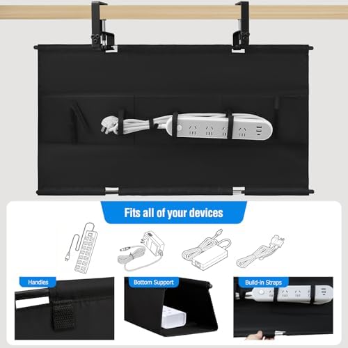 Under Desk Cable Management Tray - Heavy Duty No-Drill Clamp & Screw Mount, 28-Inch Cord Organizer for Home Office, Gaming Setup & Study Room, Holds Power Strip & Large Adapters (Black, 28"L x 5.5"W)