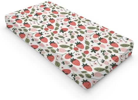 Cartoon Strawberry Flowers Leaves Baby Changing Pad Cover,Unisex Fruits Nursery Diaper Changing Table Pad Mat Sheet for Boys Girls-16x32
