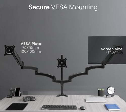 VIVO Triple Pneumatic Monitor Mount for 3 Screens up to 32 inches, Fully Adjustable, Heavy Duty Desk Stand with C-Clamp, Black, STAND-V300G