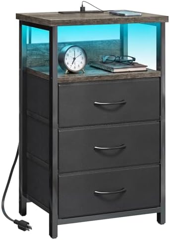 Fixwal Night Stand with 3 Fabric Drawers, Nightstand with Charging Station
