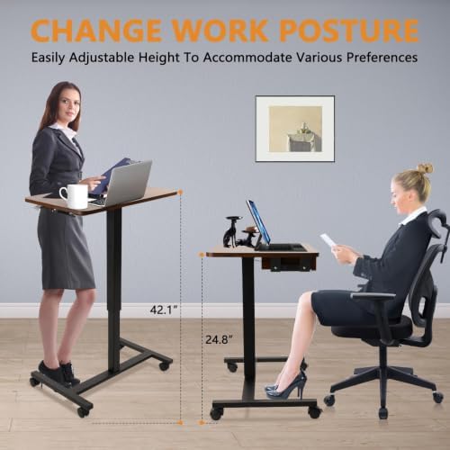 CLATINA Mobile Laptop Standing Desk, Height Adjustable Teacher Podium with Lockable Wheels, Adjustable Work Table with Drawer, Computer Cart Overbed Table for Home Office Classroom, Brown