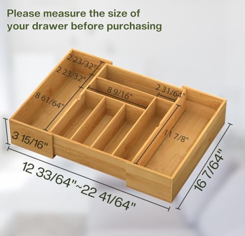 BAMEOS 3.9inch Tall Bamboo Drawer Organizer, Expandable Utensil Holder with 8 Compartments, Adjustable Kitchen Drawer Divider for Flatware, Silverware and Gadgets, Deep Storage for Home and Office