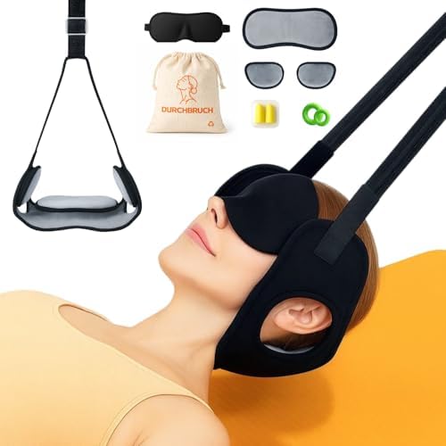 Durchbruch Neck Stretcher for Neck Pain Relief, 3-Level Adjustable Cervical Traction Device, Soft Neck Stretcher Hammock with Removable Cushions, Silicone Protectors, Eye Mask, Earplugs & Storage Bag