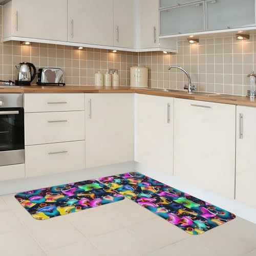 Colorful Roller Skates Print Kitchen Rugs Mats Sets,2pcs Absorbent Non-Slip Rug,Soft Comfort Floor Mat,for Hallway Office