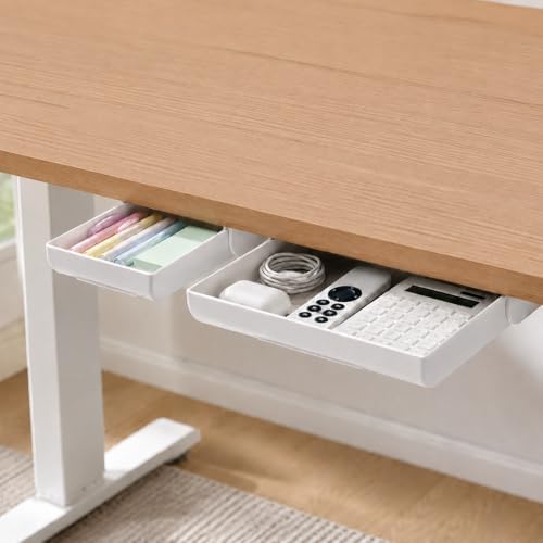 YOOUSOO Under Desk Drawer Organizer, 2 Pack Self Adhesive Slide Out Desk Storage Drawers, Hidden Desk Drawer Attachment for Pens, Notes, Cables, Earbuds and Small Office Accessories