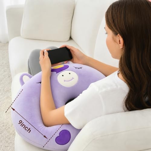 Lap Pillow, Cute Purple Unicorn Crochet Pillow for Knitting, Crafting, Gaming, Reading and Phone Use on Bed, Sofa or Chair, U-Shaped Wrap Around Arm Support Cushion and Neck Pillow