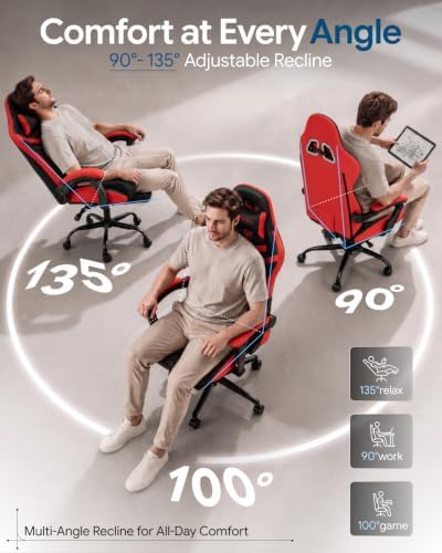 Ergonomic Gaming Chair with Footrest for Adults, Leather Mesh Red