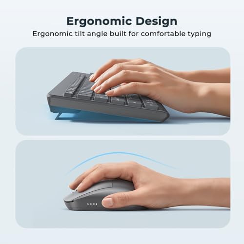 Wireless Keyboard and Mouse, 2.4GHz/Bluetooth Quiet Full Size Set, Gray