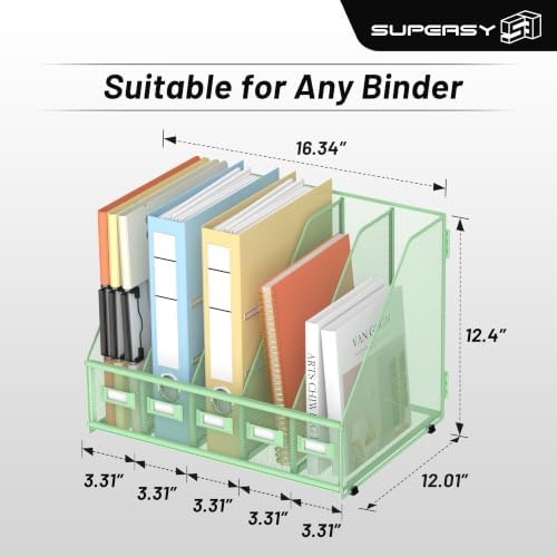 SUPEASY Desk Organizers Metal Desk Magazine File Holder with 5 Vertical Compartments Rack File Organizer for Office Desktop, Classroom, Home Workspace, Green, Plus