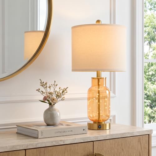 Oneach 22" Glass Table Lamps Set of 2 with Night Light for Bedroom, Amber