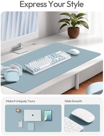 YSAGi Leather Desk Pad Protector, Office Desk Mat, Large Mouse Pad, Non-Slip PU Leather Desk Blotter, Laptop Desk Pad, Waterproof Desk Writing Pad for Office and Home (Ice Blue,55" x 24")
