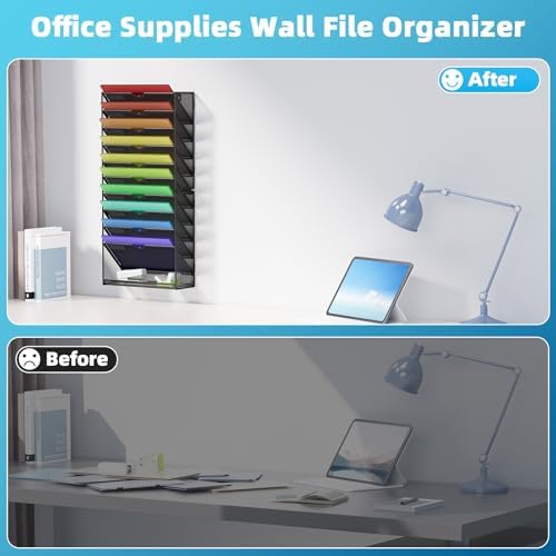 Marbrasse Wall File Holder 11-Tier Hanging Wall File Organizer, for Papers, Files Clipboard & Magazine Organizer, Wall Mount File Holder Great for Office Home (Black)