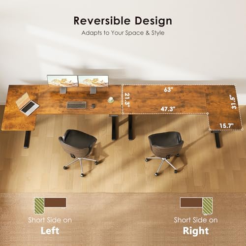 OffiGo 63 Inch Reversible L Shaped Electric Standing Desk, Rustic Brown