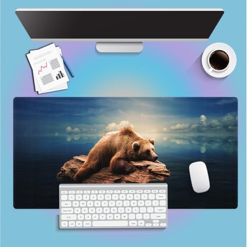 Grizzly Bear on a Rock Large Mouse Pad, Wild Animal Blue Ocean Desk Mat