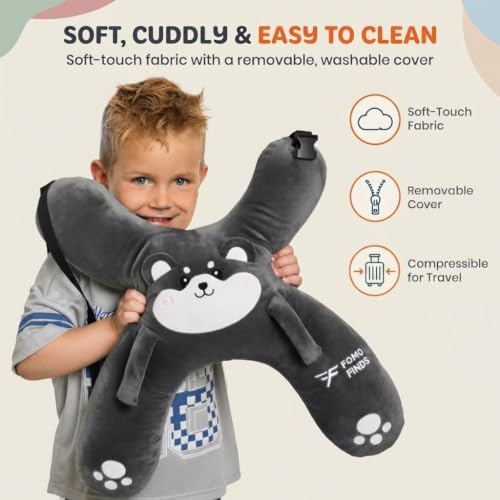 Kids Car Sleeping Pillow, H-Shaped for Neck & Back Support, Grey Dog