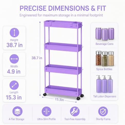 SPACELEAD Slim Storage Cart 3 Tier,Bathroom Organizer Rolling Utility,Mobile Shelving Unit Slide Out for Office, Kitchen, Laundry Room & Narrow Places,Purple