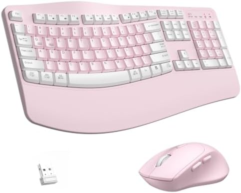 Wireless Keyboard and Mouse Combo,2.4G Ergonomic Wave Keys(Pink-A)
