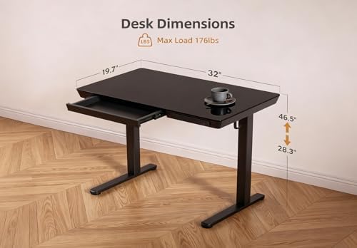 Claiks Small Glass Standing Desk with Drawers & USB Ports 32x19 Black