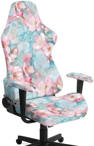 Cherry Blossom Marble Print Gaming Chair Cover for Cats Washable Non Slip Furniture Protector Stretch Gamer Chair Slipcover with Armrest Covers