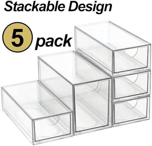 Acrylic Makeup Organizer, Clear Storage Organizer Desktop Stackable Storage Drawers, Plastic Organizer Bins for Makeup, Stationery, Cosmetics, Vanity, Bathroom,Cabinet,Pantry Office Desk (5 Drawers)