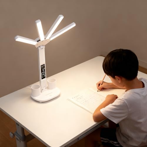 Led Desk Lamp with Clock Foldable Study Lamp 3 Lighting Modes Table Lamp Dimmable Eye Caring Reading Lamp for Home Office College Dorm Bedroom Bedside