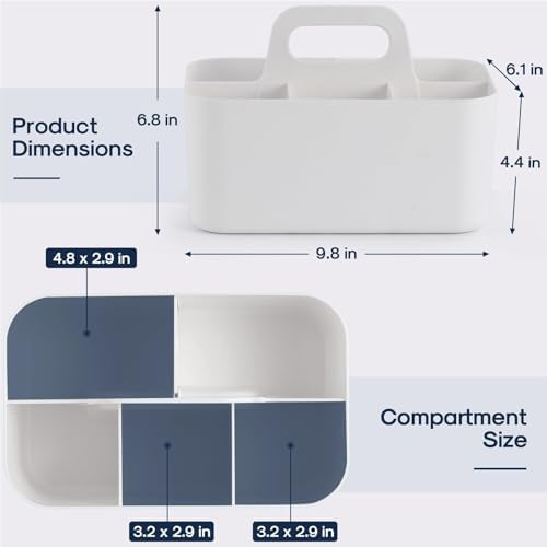 Multiuse Caddy Organizer with Handle, Portable Divided Plastic Tote Bin - Art Craft, Stationary Pen Marker Crayons, Makeup Hair Supplies Storage - Bathroom, Classroom, Dorm, Office, Desk Holder -White