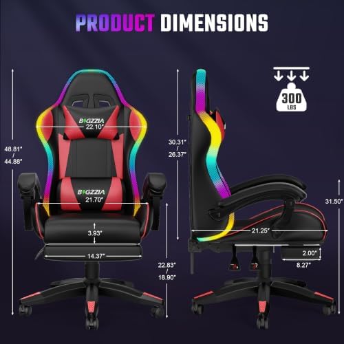Bigzzia RGB Gaming Chair with Footrest, Lumbar Massage for Adult/Kid（Red）