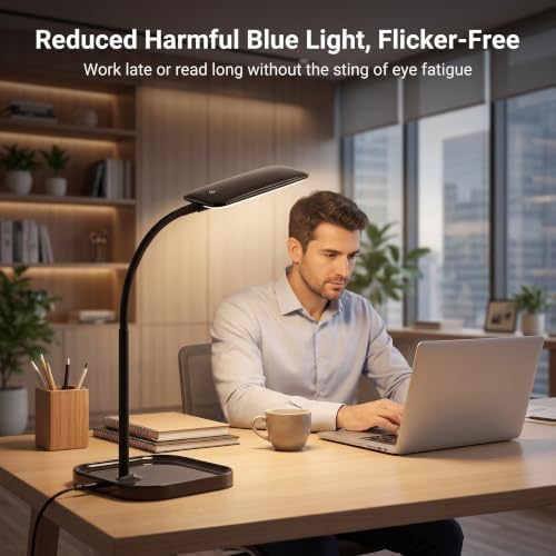 Black LED Desk Lamp for Home Office Dorm,Eye-Caring,Gooseneck,Flicker-Free
