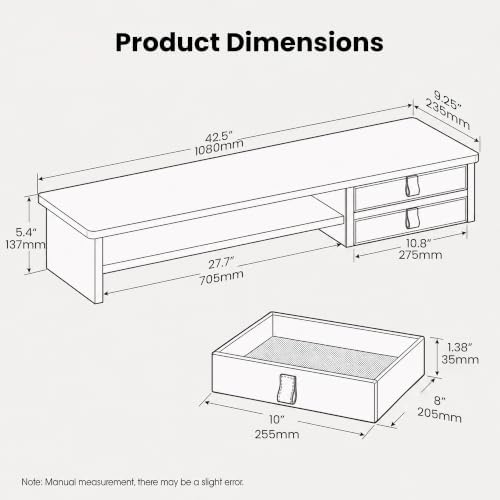 Dual Monitor Stand, 42.5 Inch Wood Monitor Riser with Drawers, 2 Tier Desktop Organizer for Computer Laptop TV, Large Screen Stand for Home Office Desk